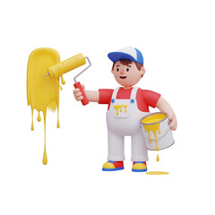Painter applying yellow paint with roller and bucket