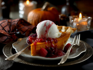 spooky Halloween pumpkin pie with ice cream and raspberry sauce
