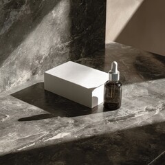 Sleek Dropper Bottle  White Box on Marble Surface with Striking Shadows and Natural Light.
