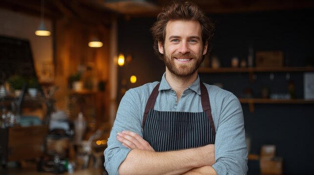 happy satisfied bartender with apron near counter with crossed arms and looking at camera confident coffee shop waiter smiling at cafeteria successful proud young brewer at his pub with copy space no - Powered by Adobe
