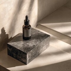 Minimalist Amber Dropper Bottle on Textured Marble Pedestal with Dramatic Sunlight Shadows.