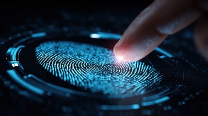 macro biometrical scanner processing finger print identifying user access futuristic hightech protection interface analysing fingerprint verifying personal login modern security digital concept  no l