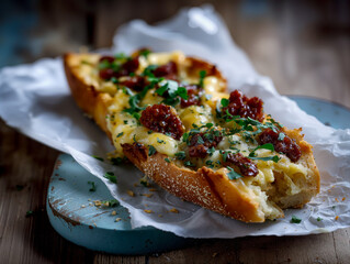 pizza sub slices sandwiches with cheese and spicy chorizo sausage