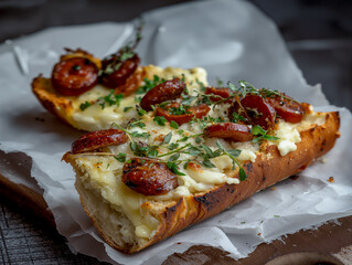 pizza sub slices sandwiches with cheese and spicy chorizo sausage