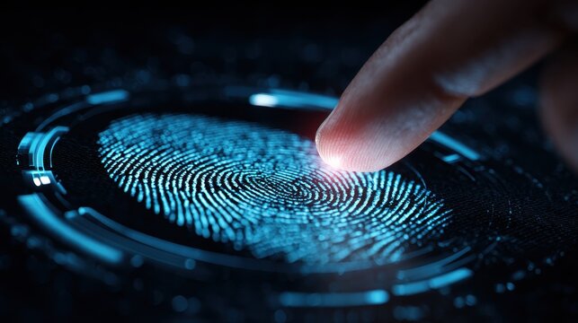 macro biometrical scanner processing finger print identifying user access futuristic hightech protection interface analysing fingerprint verifying personal login modern security digital concept  no l - Powered by Adobe