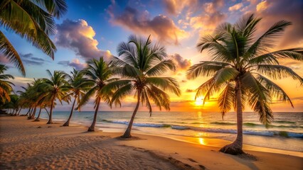 Obraz premium Vibrant tropical beach sunset with silhouetted palm trees and golden ocean reflections