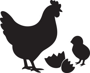Hen and Chick Silhouette with Cracked Eggshells Vector Illustration 