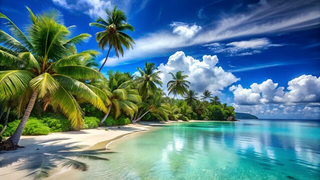 Lush tropical paradise beach with crystal clear turquoise water and vibrant green palm trees under a bright blue sky - Powered by Adobe