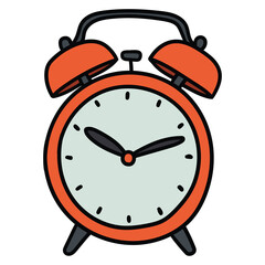 Hand-drawn cartoon retro red alarm clock on a white background.