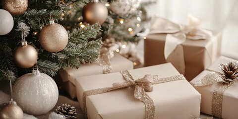 Brown gift box with golden ribbon near Christmas tree. Winter holiday decoration. Present for New Year and celebration party with magic glitter.