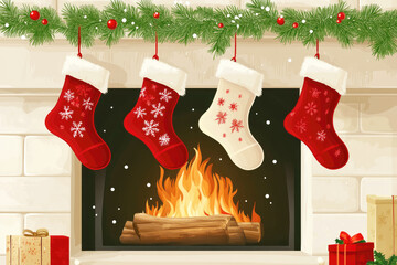 Christmas stockings hanging above a fireplace with a warm fire burning brightly