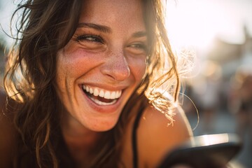 Bright smile of a woman enjoying a sunny day at a beachside gathering while using her phone