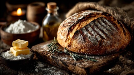 Australian damper bread loaf wooden board rustic outback theme soft shadows