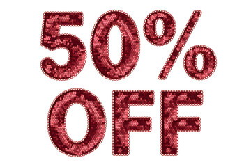 Red sequin '50% OFF' text isolated on transparent background, a shimmering discount design element, ideal for holiday sales, promotions, branding, and e-commerce ads.