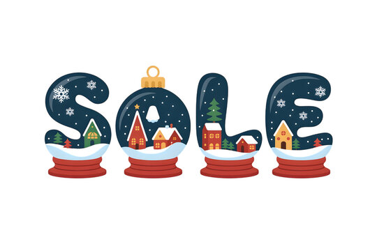 Festive "SALE" text as blue snow globes with winter village scenes and snowflakes, isolated on transparent background, ideal for Christmas promotions, digital designs, and marketing.