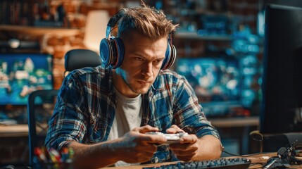 technology gaming and people concept  young man or gamer in headphones with gamepad playing video game no logos no brands ar 169