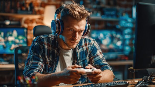 technology gaming and people concept  young man or gamer in headphones with gamepad playing video game no logos no brands ar 169