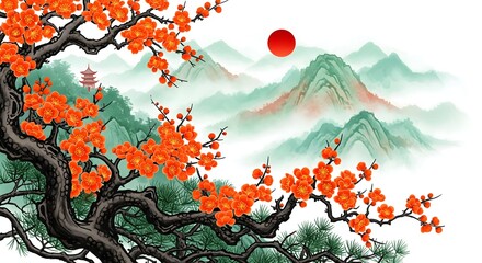 Vibrant orange blossoms frame a serene mountain landscape with pagoda and rising sun, perfect for adding an elegant touch to your project