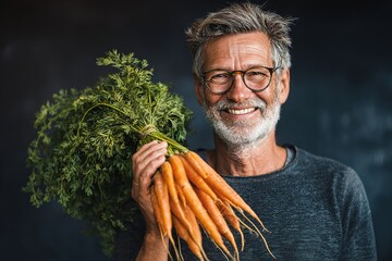 Smiling man holding fresh carrots in a rustic kitchen with natural light in a cozy setting