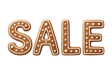 Brown gingerbread 'SALE' letters with white icing, isolated on transparent background, a festive 3D design element for Christmas sale promotions, holiday marketing, and winter digital art.