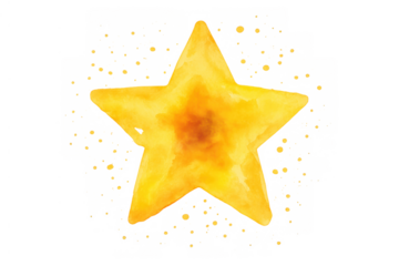 Watercolor golden star icon with glowing sparkles radiating around, isolated hand drawn decorative element