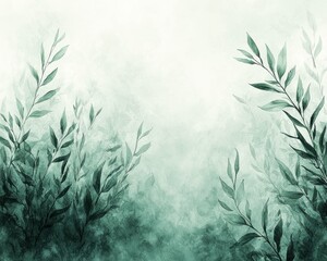 Green foliage watercolor art with misty, blurred background