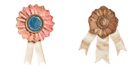 Two vintage rosettes with ribbons, one pink and one gold, isolated on transparent background