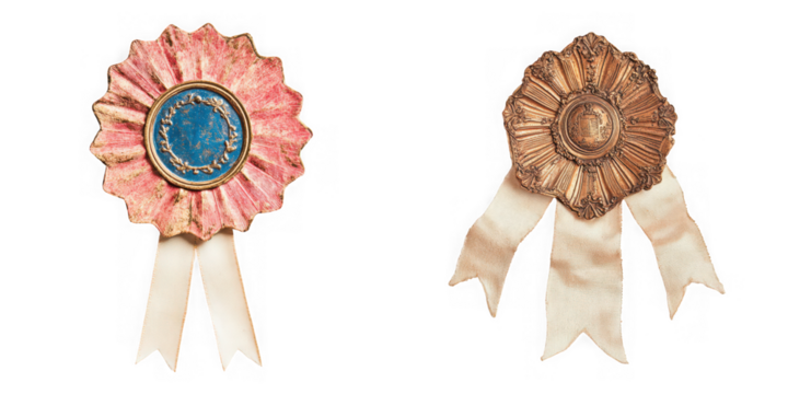 Two vintage rosettes with ribbons, one pink and one gold, isolated on transparent background