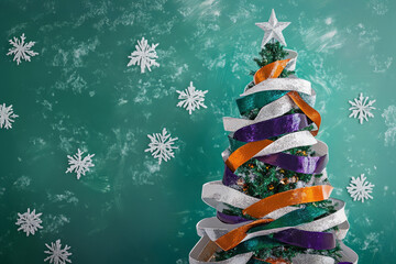 An illustration of a christmas tree decorated with purple, white,orange ribbons.