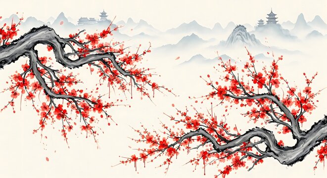 Vibrant red cherry blossoms bloom on ancient branches against a misty mountain landscape evoking tranquility and natural beauty