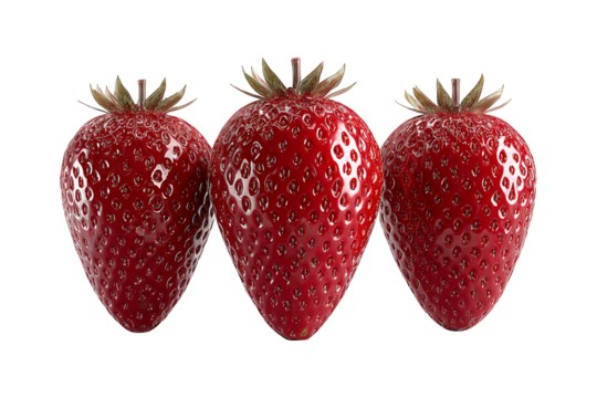 Three ripe red strawberries isolated on a capturing their texture and detail isolated on transparent background