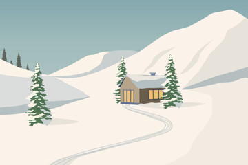 Minimalistic vector illustration of a cozy wooden cabin in snowy mountains with pine trees and ski tracks. Perfect for winter, travel, holiday, adventure and nature themed design projects © Natalya