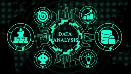 Data Analysis Concept with Icons and World Map Background. Business, Technology ,Internet and network concept. - Powered by Adobe