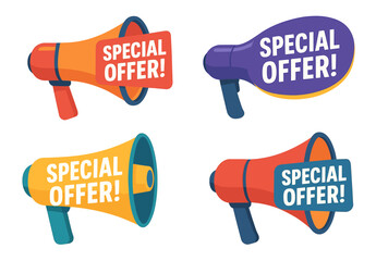 Colorful megaphones displaying special offer messages in orange, purple, and yellow