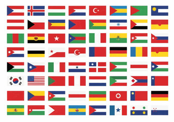 Vector illustration of all world flags in a grid layout, rectangular flags with country names below each one, clean flat design, scalable EPS10.