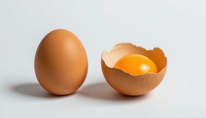 Brown Egg and Eggshell with Whole Yolk on White Background for Culinary and Food Photography Use