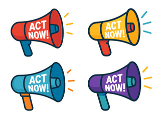 Colorful megaphones with 'act now' message in red, yellow, blue, and purple