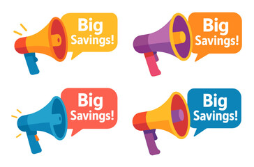 Colorful megaphones with big savings speech bubbles