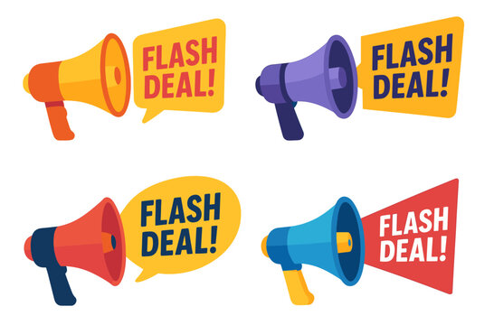 Colorful megaphones announcing flash deal with vibrant speech bubbles