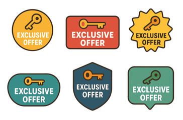 Obraz premium Colorful exclusive offer badges with key icons in various shapes