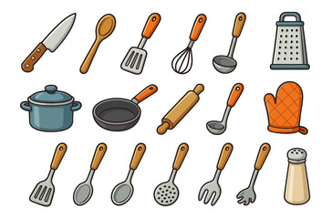 Fototapeta premium Colorful collection of essential kitchen tools and utensils