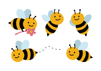Cute Bee Illustration Set | Flat Vector Honey Bees and Flowers