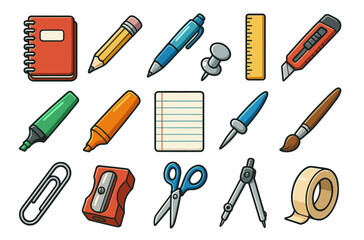 Assorted stationery items including notebook, pens, scissors, and tape on white background