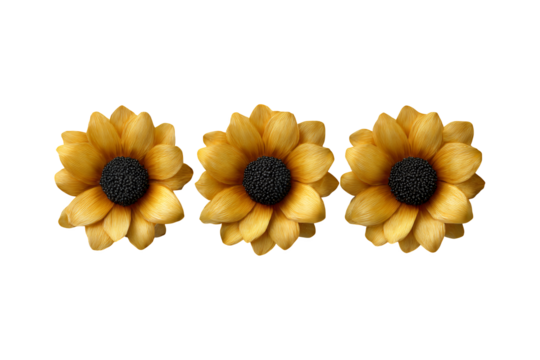 Three vibrant yellow sunflowers with dark centers arranged uniformly against a solid backdrop for nature and floral concepts isolated on transparent background