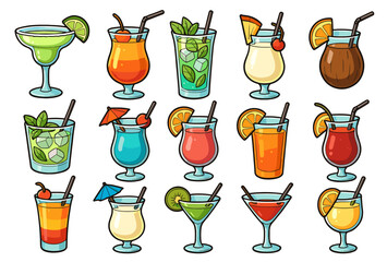 Assorted colorful cocktails with garnishes and straws