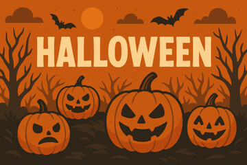 Spooky halloween scene with jack-o'-lanterns and bats under orange night sky