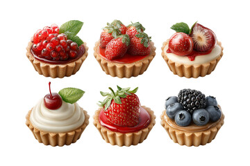 Six delicious assorted fruit mini tarts presented together offering a variety of sweet dessert options isolated on transparent background