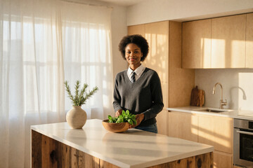 A young Black woman stands in a bright kitchen, holding a wooden bowl of fresh green herbs.