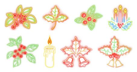 PNG Vibrant neon Christmas holiday icons, element set on transparent background
