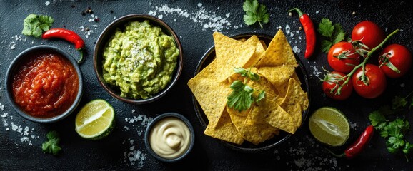 Top-down view of vibrant Mexican-inspired food with dips, chips, and fresh ingredients